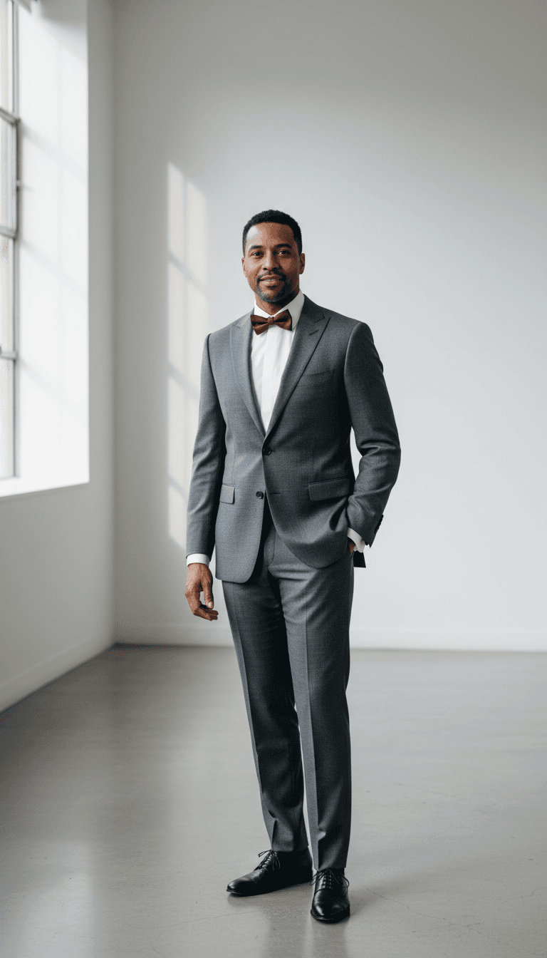 Full-length portrait of man wearing perfectly tailored charcoal tuxedo with bow tie in neutral studio with natural lighting