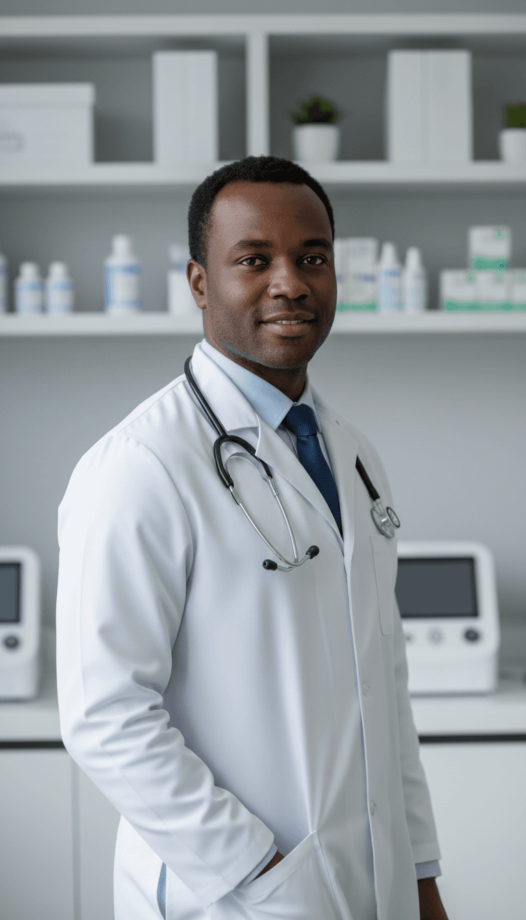 Professional healthcare provider in white clinical coat standing confidently in modern medical office environment