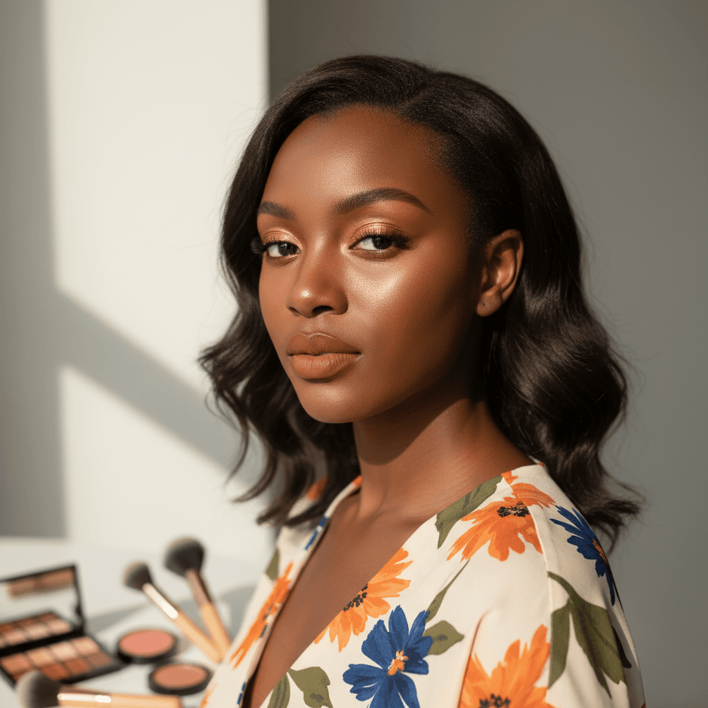 Close-up of young woman's face with coordinated makeup and trendy patterned dress, showcasing contemporary beauty and fashion styling